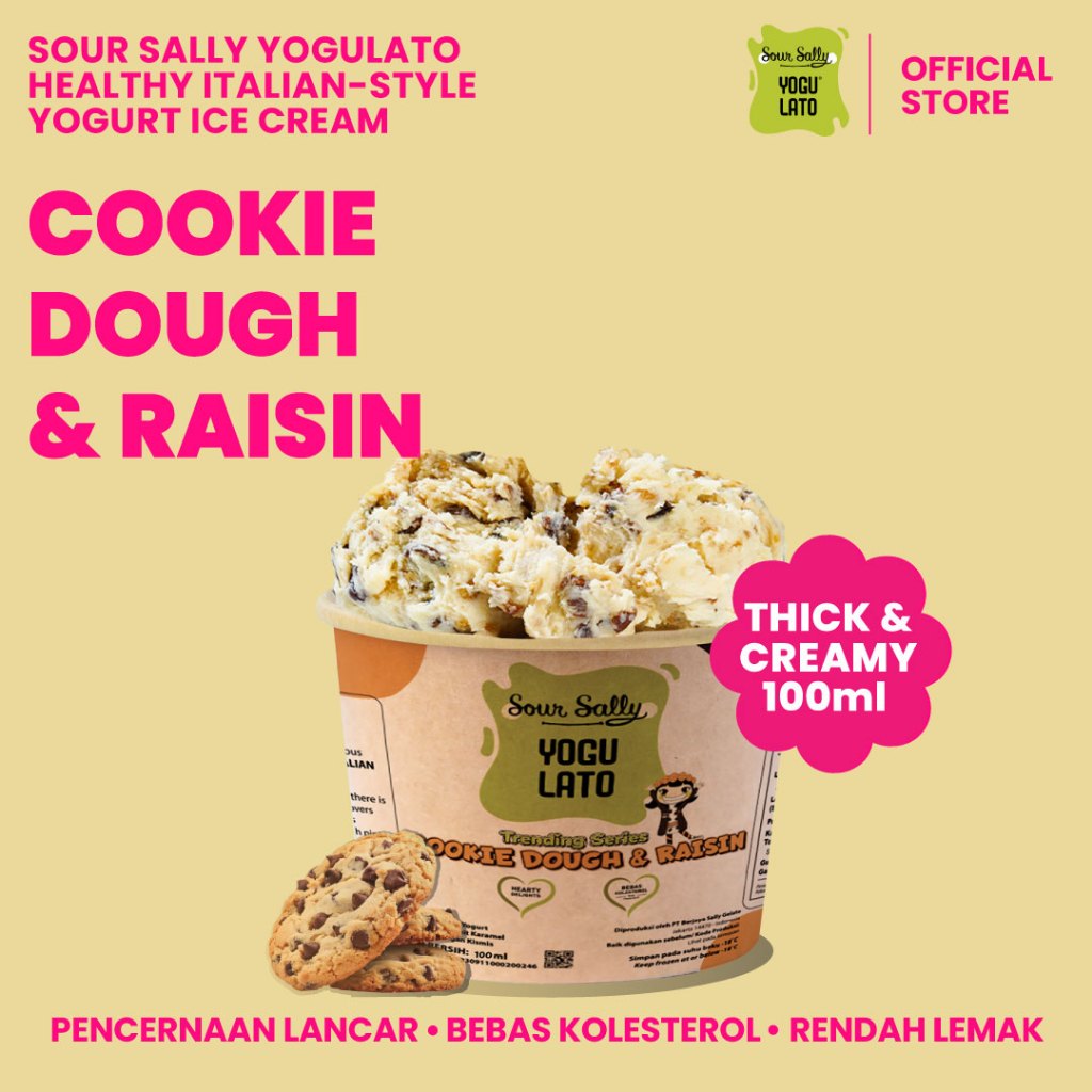 

Sour Sally Yogulato Cookie Dough & Raisin 100ml | Es Krim Yogurt Sehat