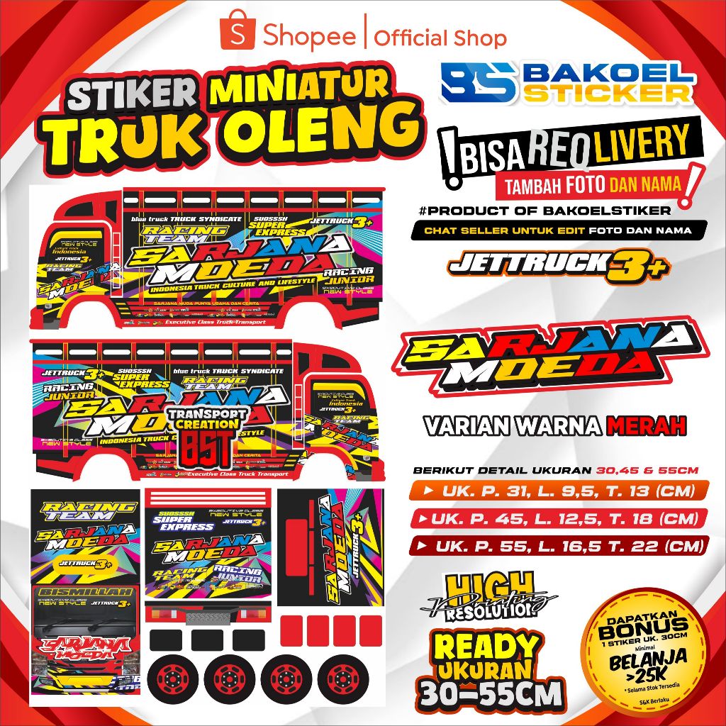 STIKER MINIATUR TRUK OLENG MOTIF SARJANA MOEDA UK 30&45CM [COD]