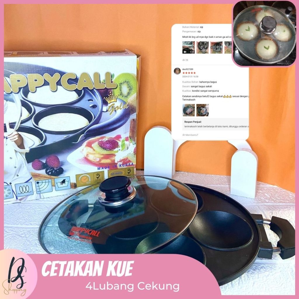 Snack Maker Cetak  Serabi 4 Lubang Cekung Happy Call / Cetakan Kue Anti Lengket