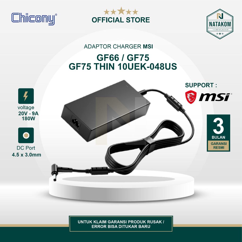 ADAPTOR CHARGER CHICONY SUPPORT FOR GF66 GF75 GF75 THIN 10UEK-048US 20V 9A 180W FREE KABEL POWER