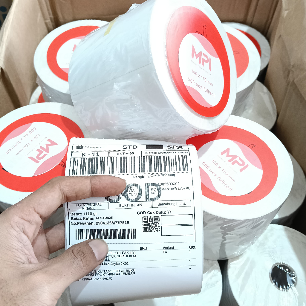

LABEL STIKER MPI DIRECT THERMAL BARCODE 100 X 150 RESI SHOPEE DLL 500 LEMBAR