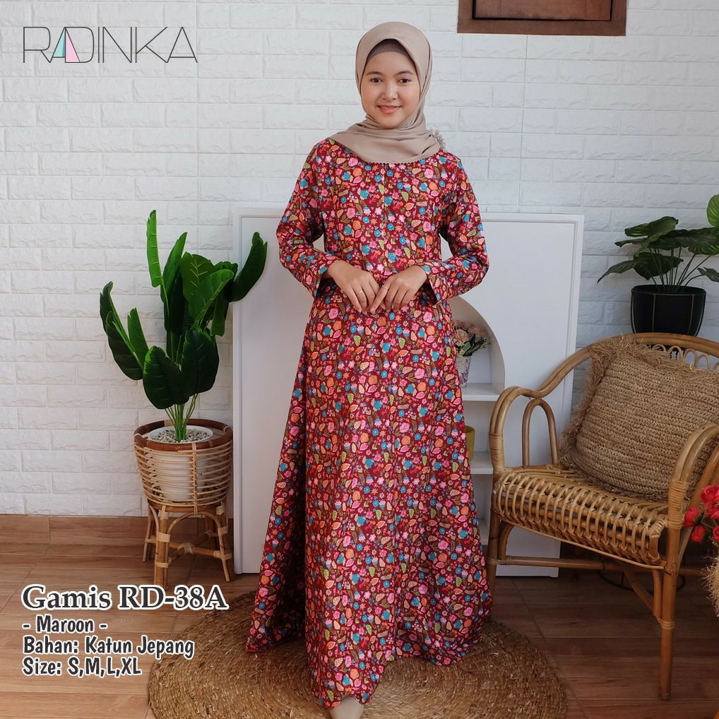 Habeeba Gamis Alea Radinka Katun Jepang Motif Eksklusif – Maroon Bold | Gaya Dubai Elegance | Size S