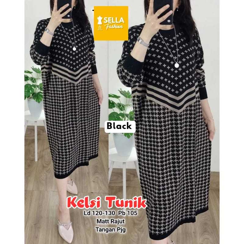 Atasan Kelsi Tunik Rajut Halus Jumbo XXXL Ld 120 130 Lengan Panjang Motif Mewah