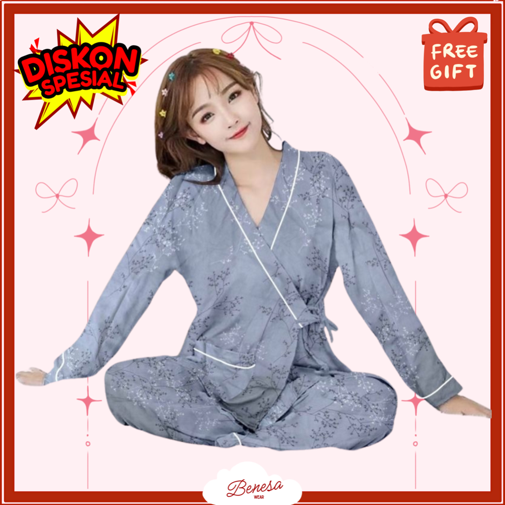 Benesa Wear - Kimono Set Lengan Panjang - Baju Tidur Wanita Set Piyama Setelan Pakaian Lucu Motif De