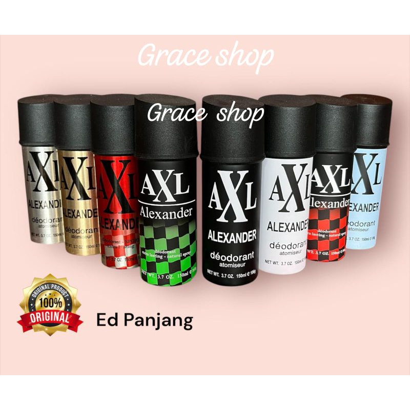 Alexander deospray 150ml, 30ml axl parfum deodorant hitam,putih,silver,gold,quantum merah,sport,hija