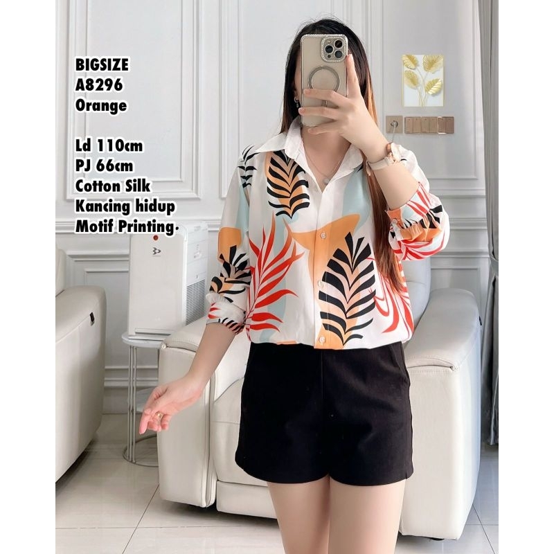 kemeja lengan panjang katun silk motif daun import wanita