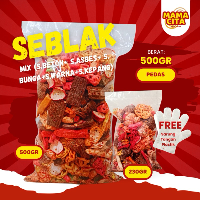 

Seblak Mix/Campur Pedas Gurih Nagih (Seblak Beton + Seblak Asbes + Seblak Bunga + Seblak Warna + Seblak Kepang) 500GR