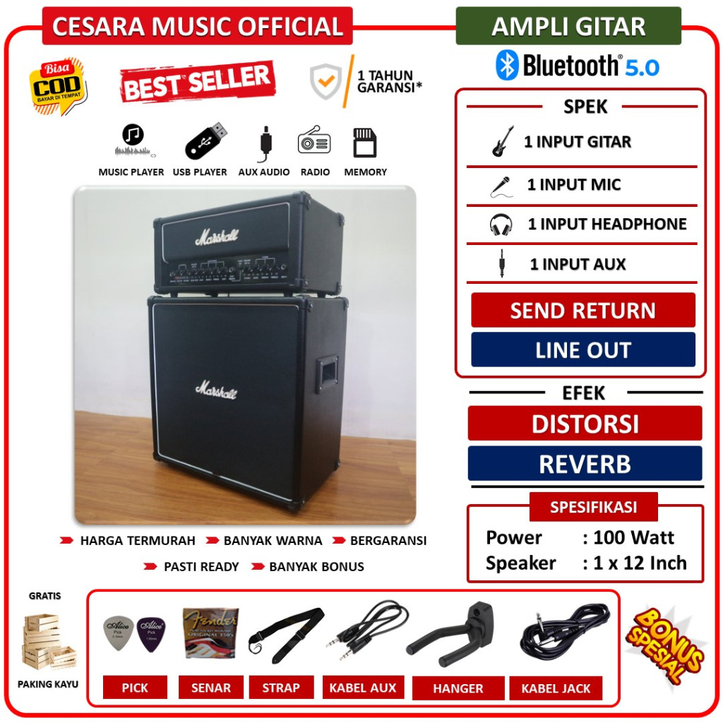 Ampli Gitar & Bass 12 Inch Bluetooth bisa untuk karaoke Marshall 3 Input Head Cabinet Bergaransi