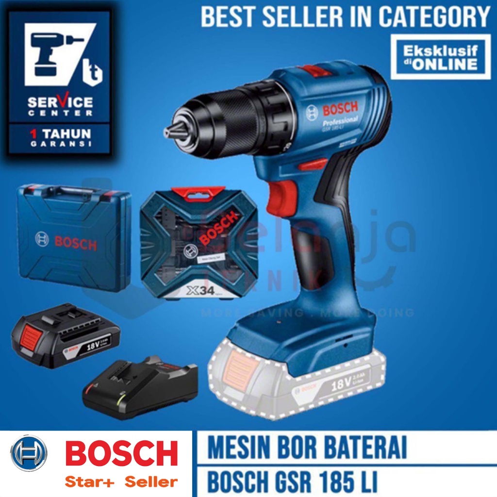 Bosch Mesin Bor Baterai Cordless Drill GSR 185 LI 18V + X-line 34 Pcs