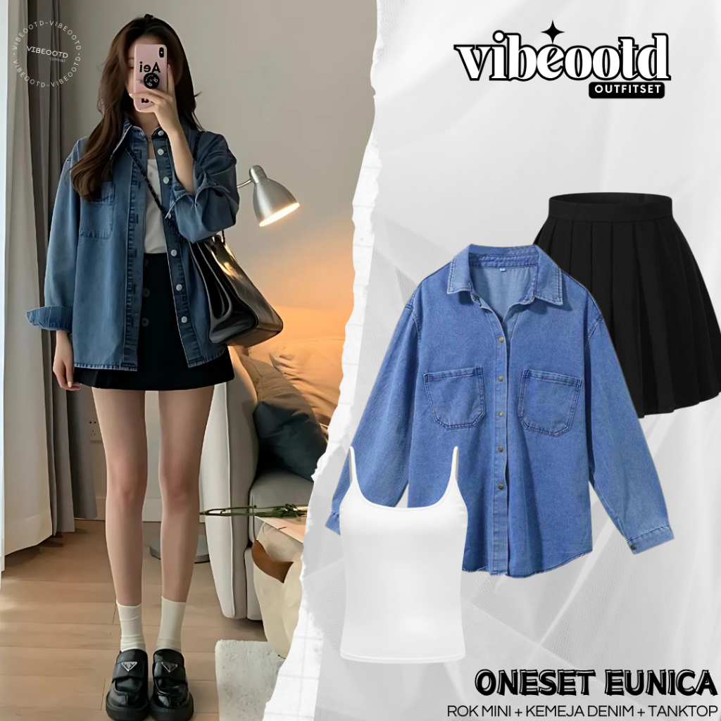 Eunica Outfit Set Wanita ( Rok Pendek + Inner Tangtop + Kemeja Denim ) One Set Outfit Korean Stylee