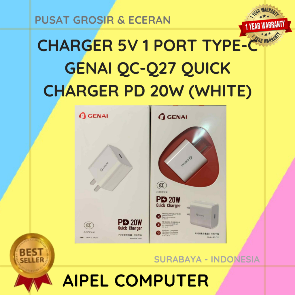QCQ27C | Charger 5V 1 Port Type-C GENAI QC-Q27 Quick Charger PD 20W (White)