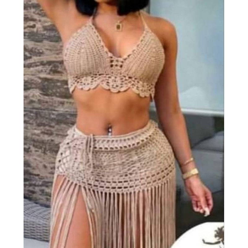 set bikini rajut handmade rok rajut set baju rajut baju pantai dress pantai set rok pantai oleh oleh