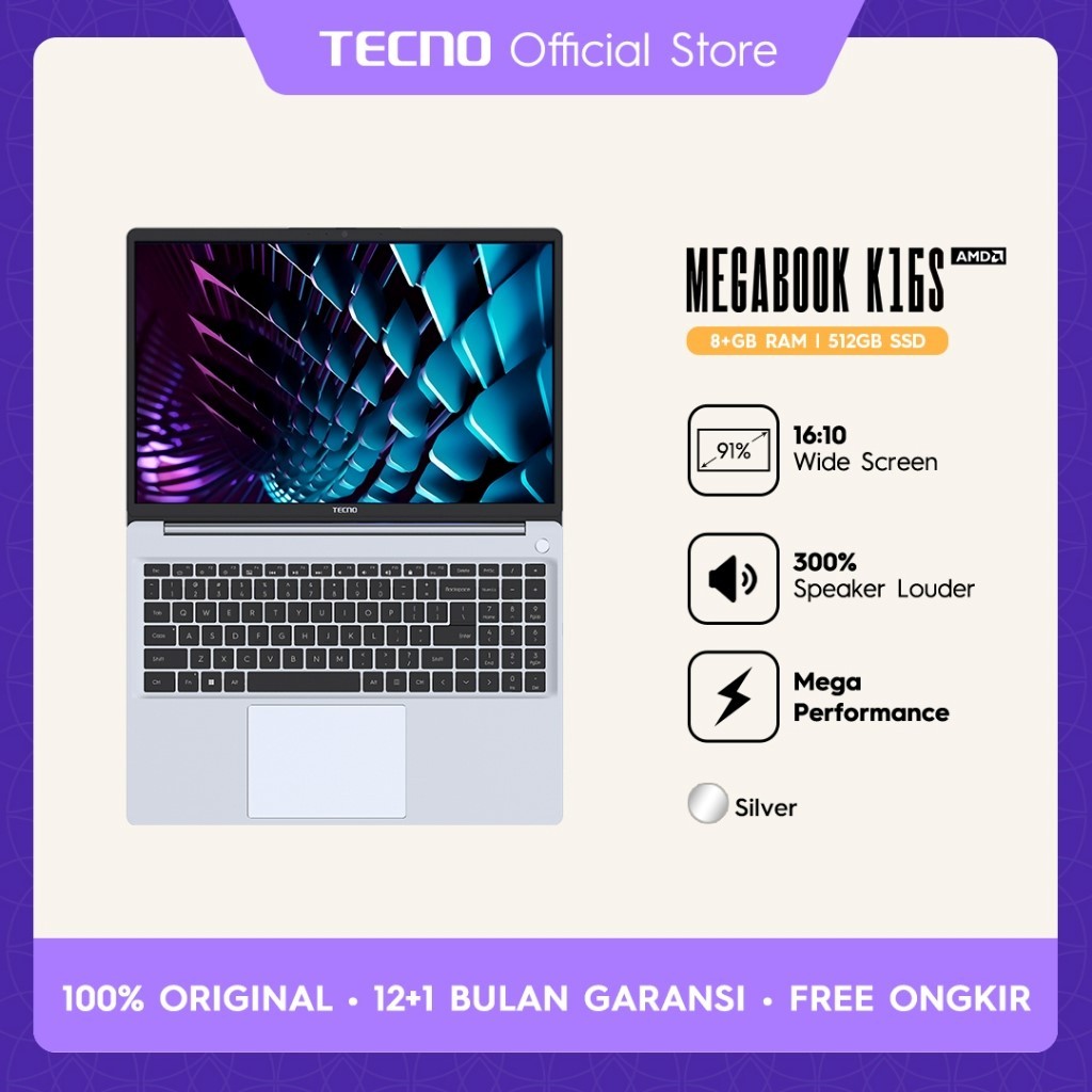 TECNO MEGABOOK K16S RYZEN 5 7430 16GB 512GB W11+OFFICE PERMANEN 16.0WUXGA IPS SILVER GARANSI RESMI