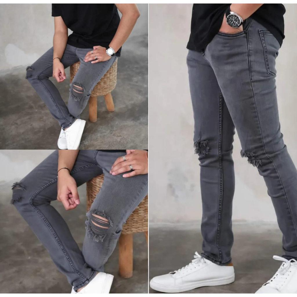 Celana Jeans Ripped Abu Sobek Lutut Pria / Celana Jeans Pria Sobek