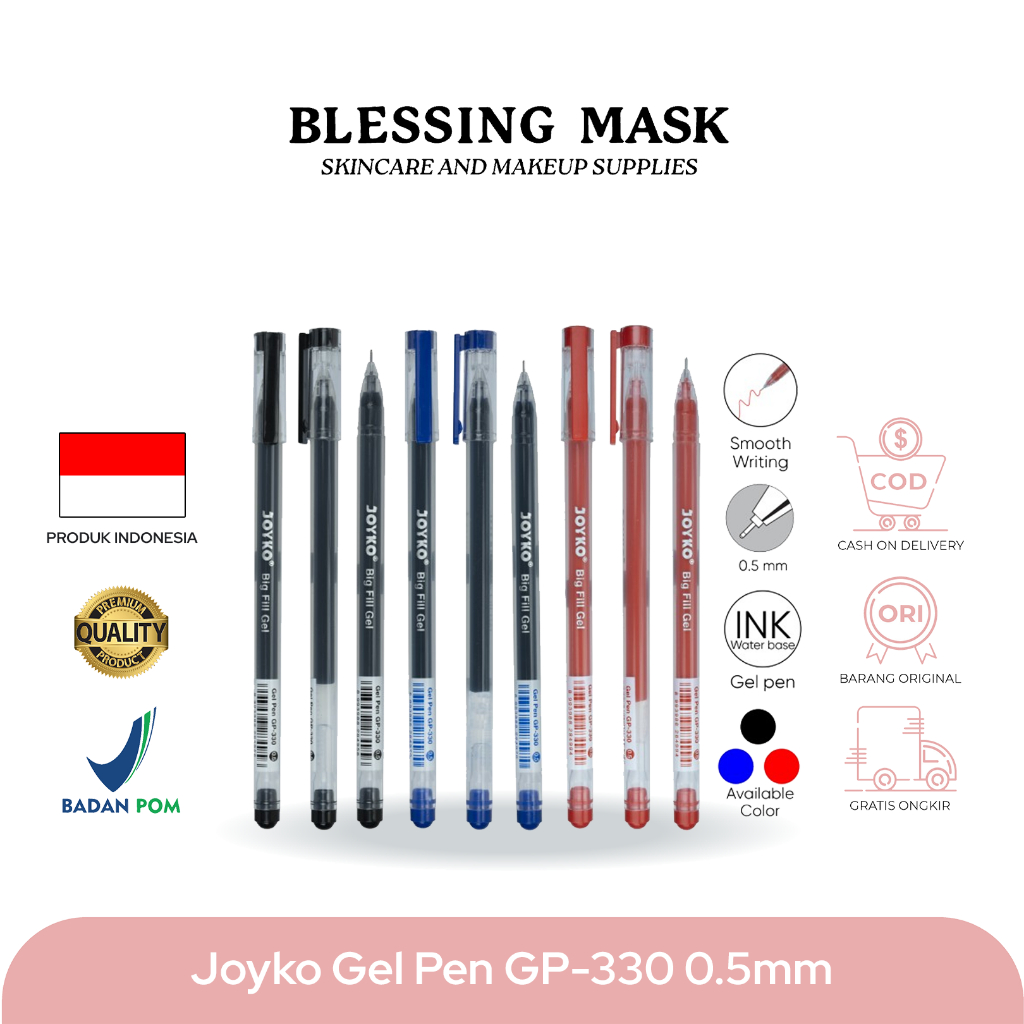 

JOYKO Gel Pen | Pulpen Pena Joyko GP-330 | Pulpen Needle Tip Black Red Blue | Big Fill Gel 0.5 mm - Blessingmask ACC