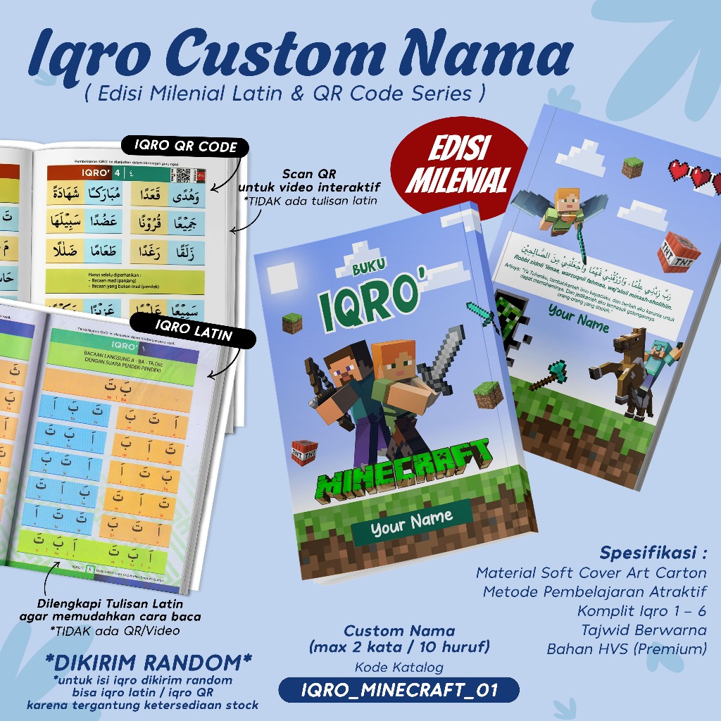 IQRO MILENIAL ANAK CUSTOM DESAIN MINECRAFT / BUKU IQRO MILENIAL TAJWID BERWARNA SOFTCOVER LENGKAP IQ