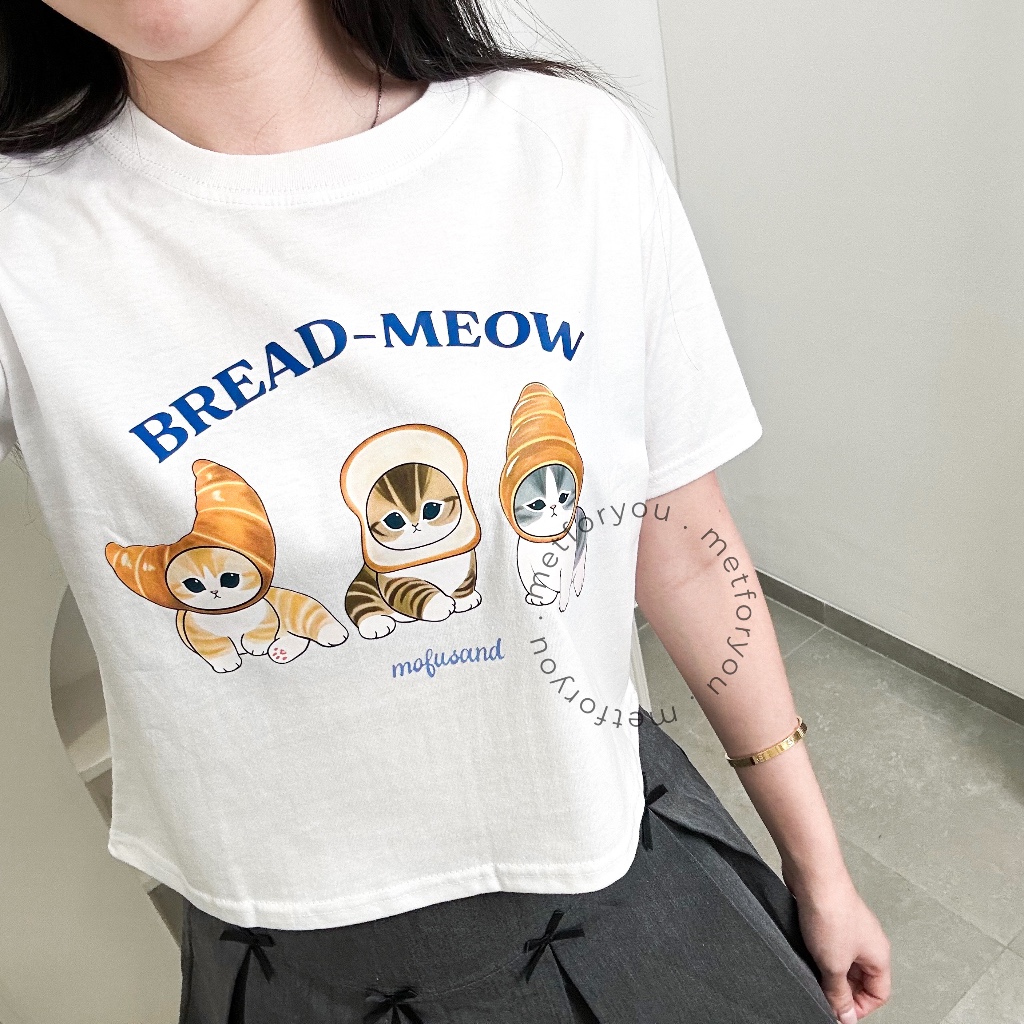 METFORYOU Basic Crop Top Lengan Pendek Korea  - Bread Meow Mofusand Cat