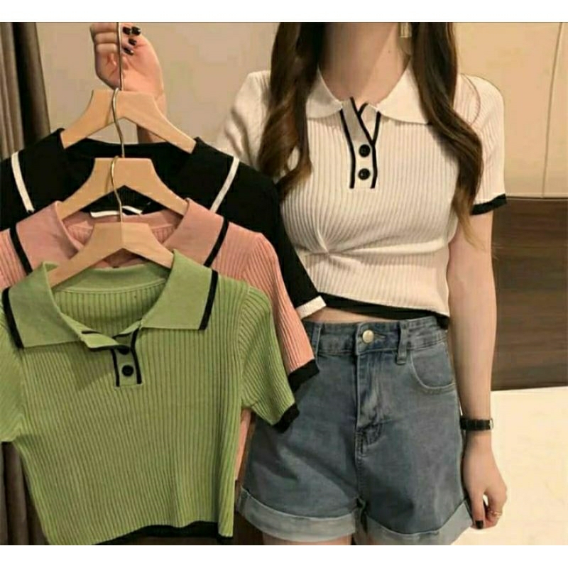 atasan polo rajut pressbody lengan pendek kancing
