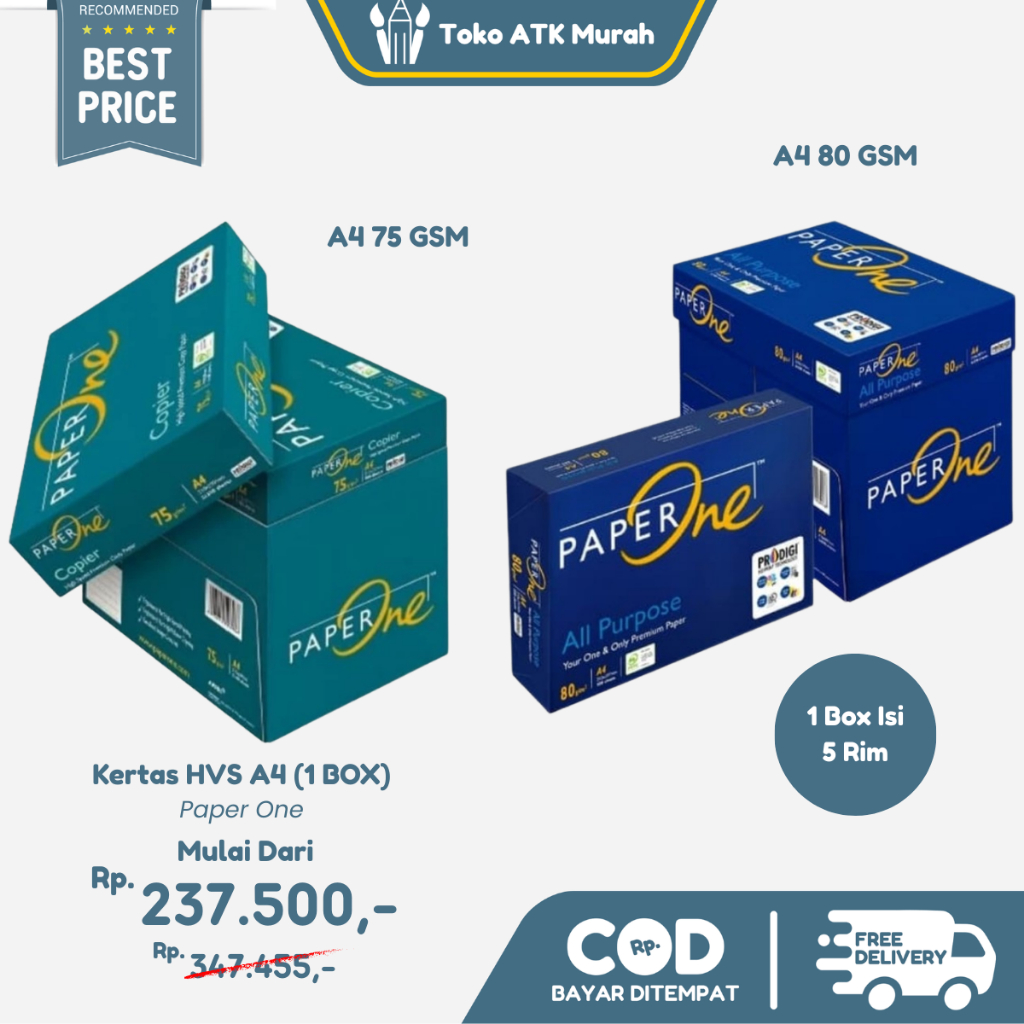 

1 BOX HVS Paper One Kertas Fotocopy 75 GSM A4 / 80 GSM A4 5 Rim