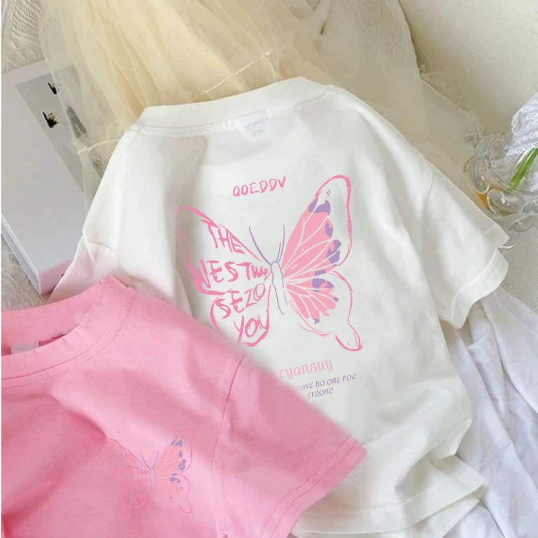 (Barang akan dikirim dalam 24 jam) 2-12 Tahun Kaos anak Pink butterfly import remaja perempuan baju 