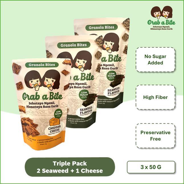 

GRAB A BITE (Triple Pack) - 2 Seaweed + 1 Cheddar Cheese | Granola Bites Snack Sehat Gurih Asin | Camilan Diet Rendah Kalori | Rasa Gurih Asin Renyah