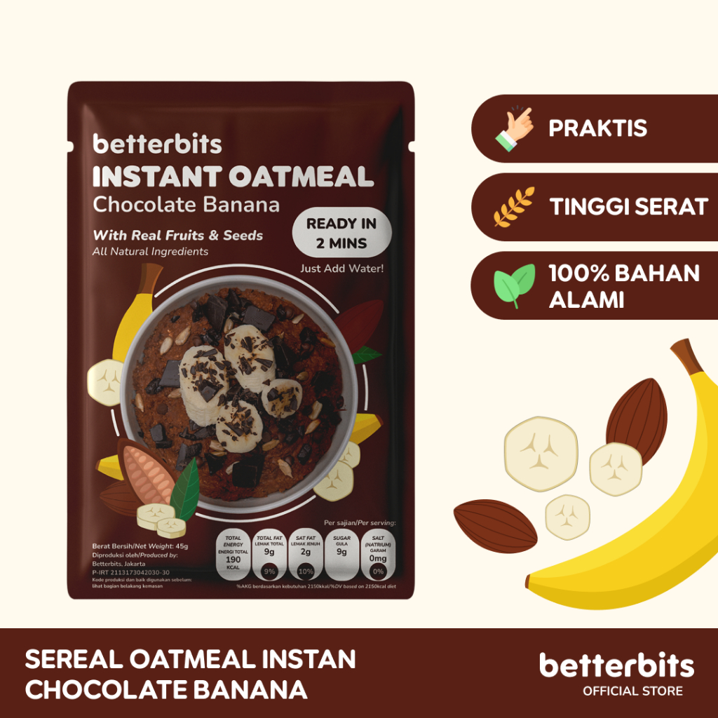 

Betterbits Instant Oatmeal Sachet - Chocolate Banana | Sarapan Sereal Oats Sehat / Whole Grain | 45g