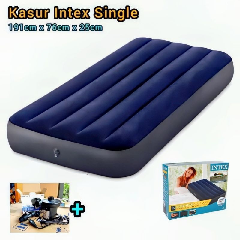Intex Kasur Angin Single Durabeam Standard 191 x 76 x 25 cm Dura Beam Blue 64756 + Pompa Listrik - K