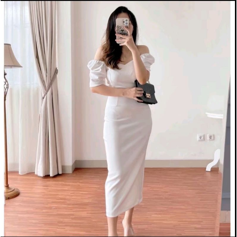 Dress Denisa Putih Terlaris scuba premium,Dress Putih Kekinian,Dress Casual Pesta Gereja,Dress Gerej