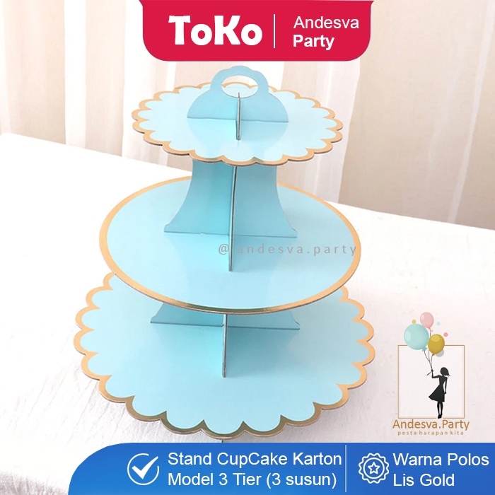 Cake Stand BIRU Polos List Gold / 3 Tier Cupcake Stand / standing cupcake polos / Tatakan cupcake