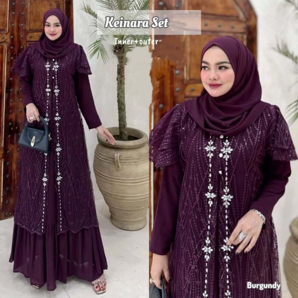 Keinara Dress Set Outer Gamis Brokat Import Pesta Kondangan Mewah Elegan Simple Terbaru 2025 Gamis M