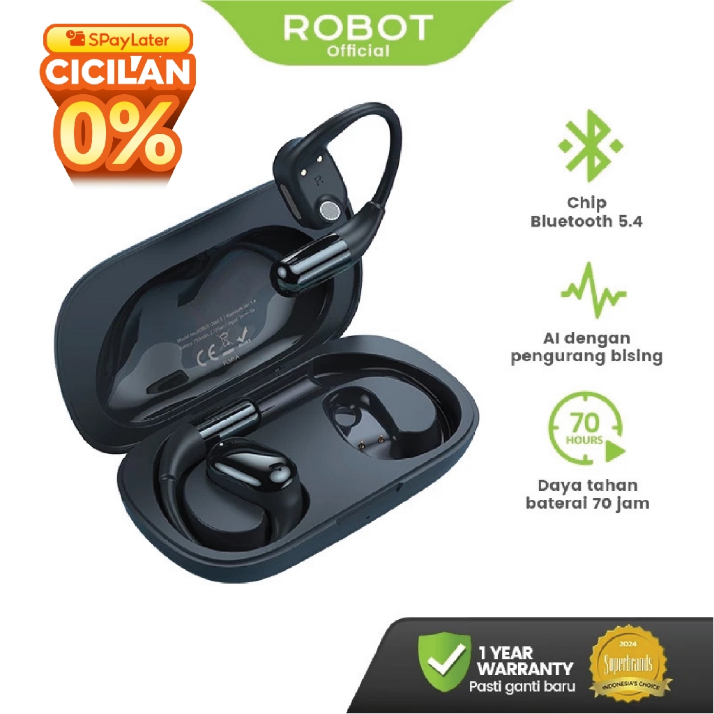 ROBOT True Wireless Open Ear Headphone Earphone Sport Running PlayTime 70 Hours Headset Bluetooth 5.
