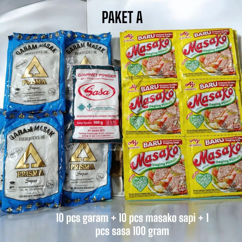 

PAKET 16 RIBUAN 10 PCS GARAM 100 GRAM + 10 PCS MASAKO / ROYCO + 1 PCS SASA MICIN 100 GRAM / GARAM / GAREM / BUMBU DAPUR