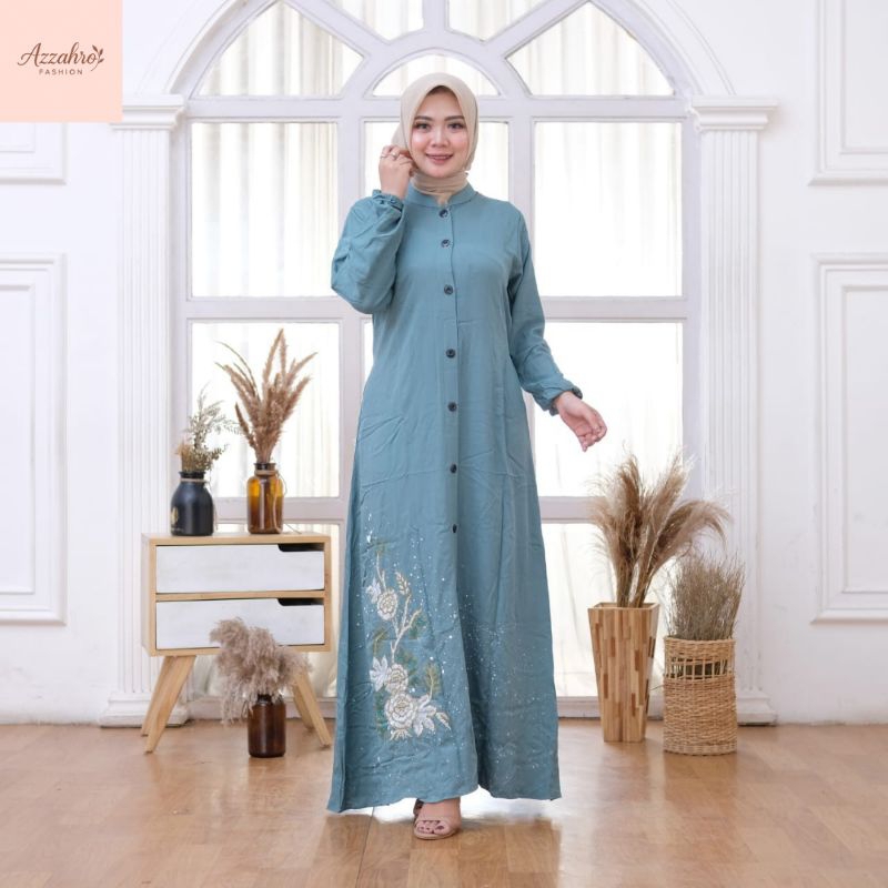 Azzahro Fashion Gamis Lukis Timbul Premium – Bahan Twill Ori – Gamis Elegan Busui Friendly – Tali Sa
