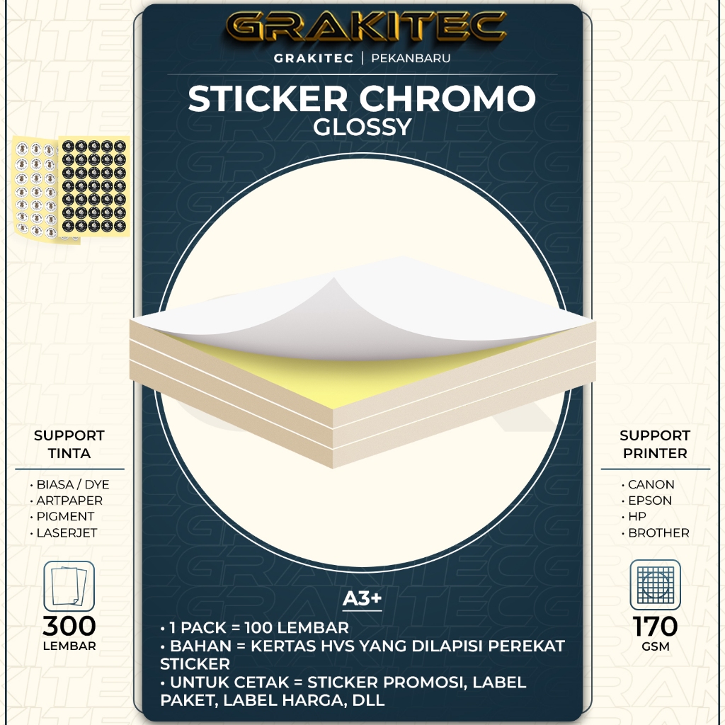 

Grakitec Sticker Chromo Glossy / Doff A3+ Isi 100 & 300 Lembar | Stiker Kromo, bontak, CTS, Cast-coated Cromo pku