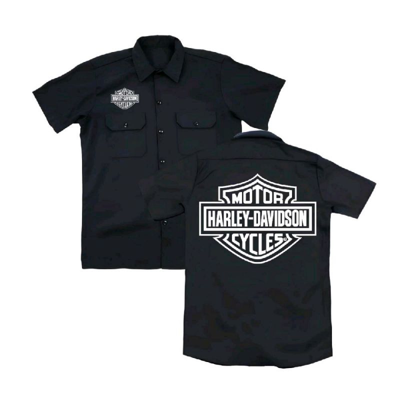 kemeja PDH workshit pria wanita Harley logo putih distro bandung