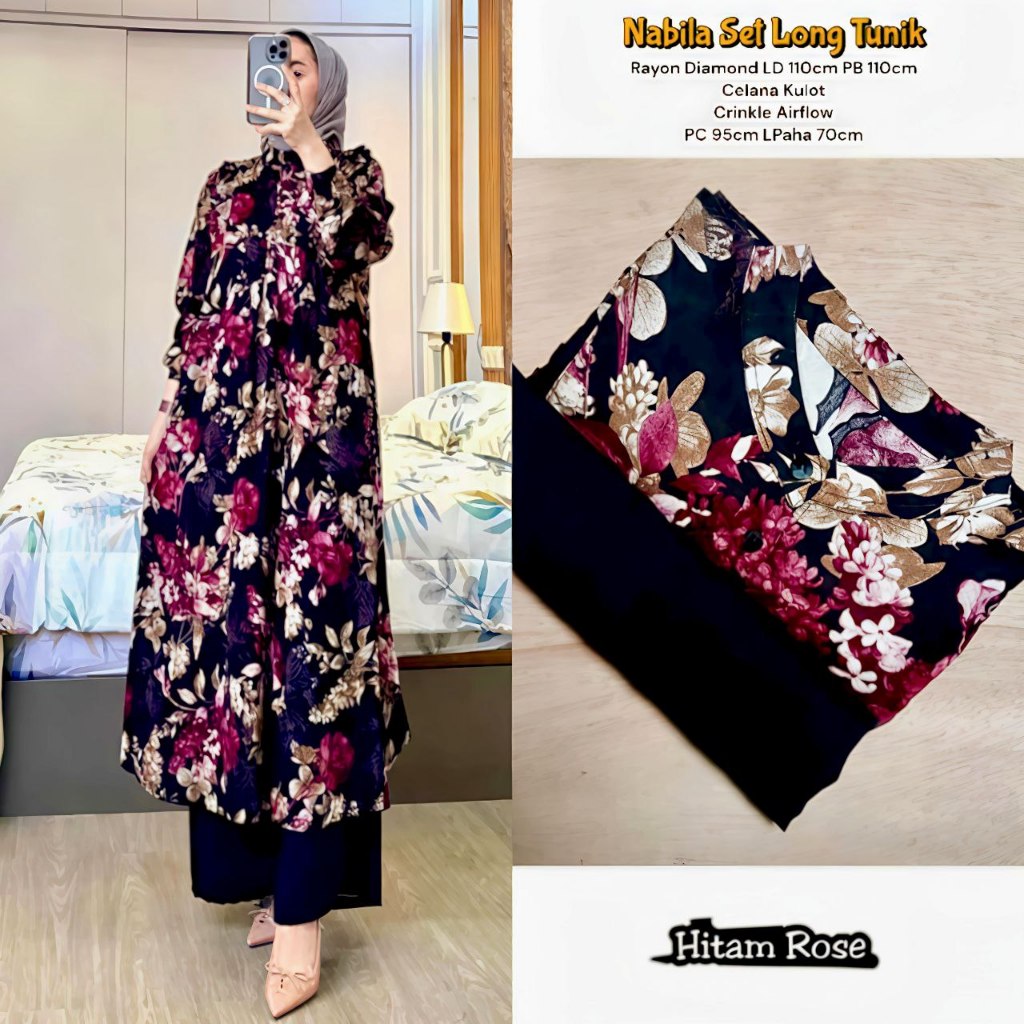 Nabila Set Long Tunik  - One Set Wanita Long Tunik Rayon Diamond Premium Setelan Wanita Kekinian