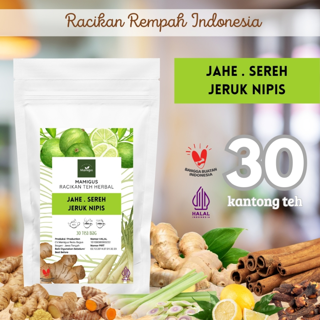 

TEH JAHE JERUK NIPIS SEREH SERAI CELUP / Ginger Lime Lemongrass Tea / Teh Rempah Rimpang / 30 Tea Bag Mamigus