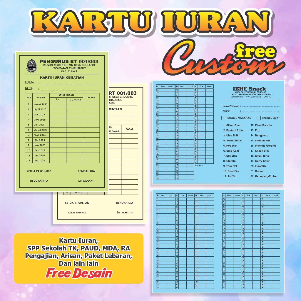 Kartu Iuran SPP, Iuran Sekolah Anak TK PAUD RA Paket Lebaran Angsuran murah free custom
