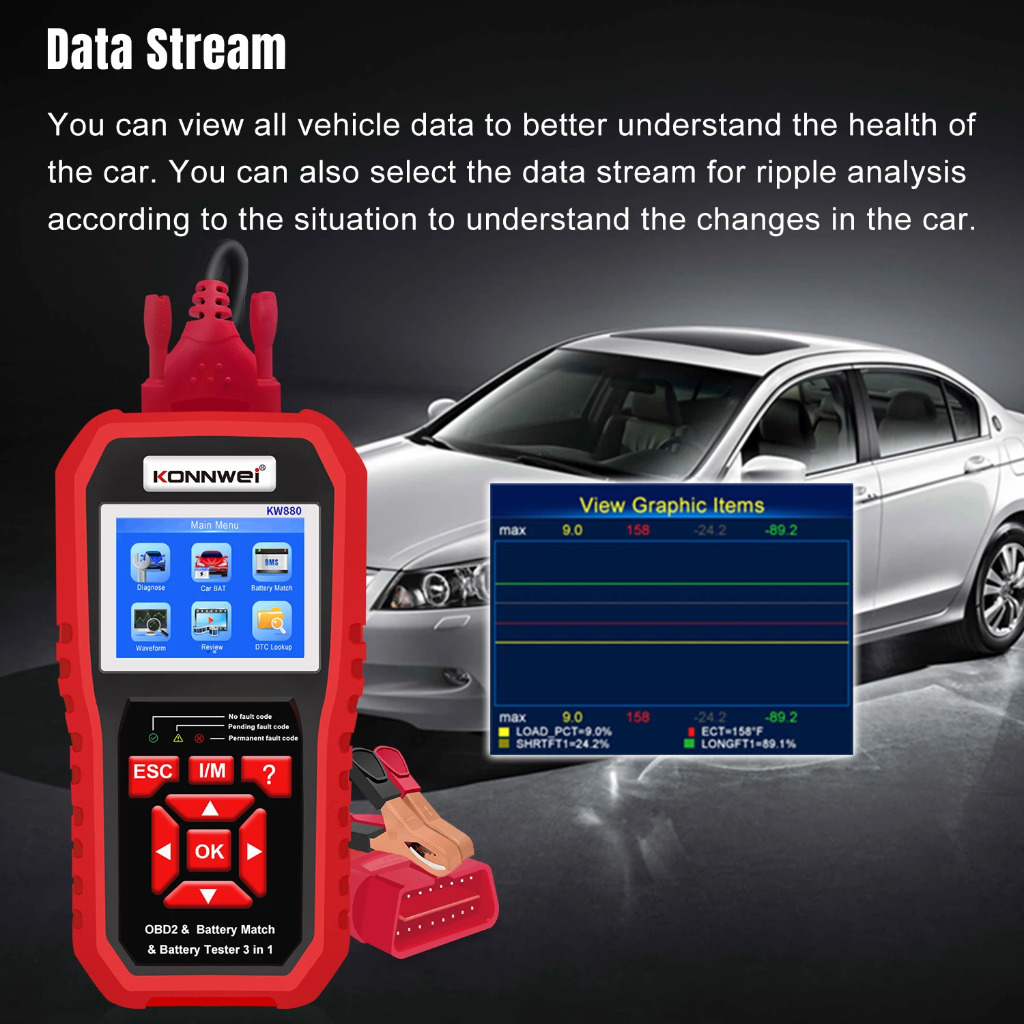 KW880 12V Car Battery Tester Analizer Alat Diagnostik Otomatis Pencocokan Baterai 3 dalam 1 Pemindai