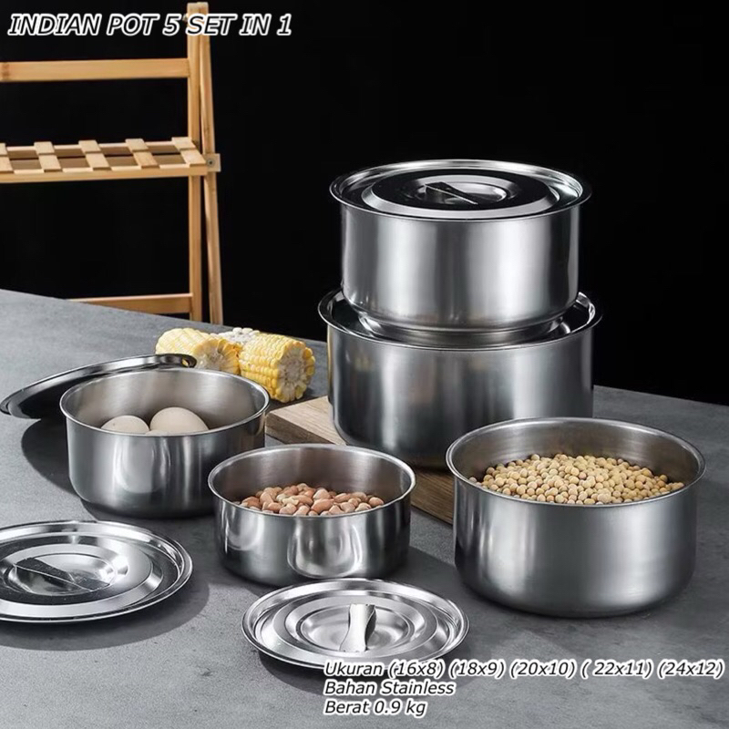 INDIAN POT 5 SET IN 1 || PANCI SERBAGUNA 5PCS || WADAH SAYUR STAINLESS STEEL || PANCI STOCK POT