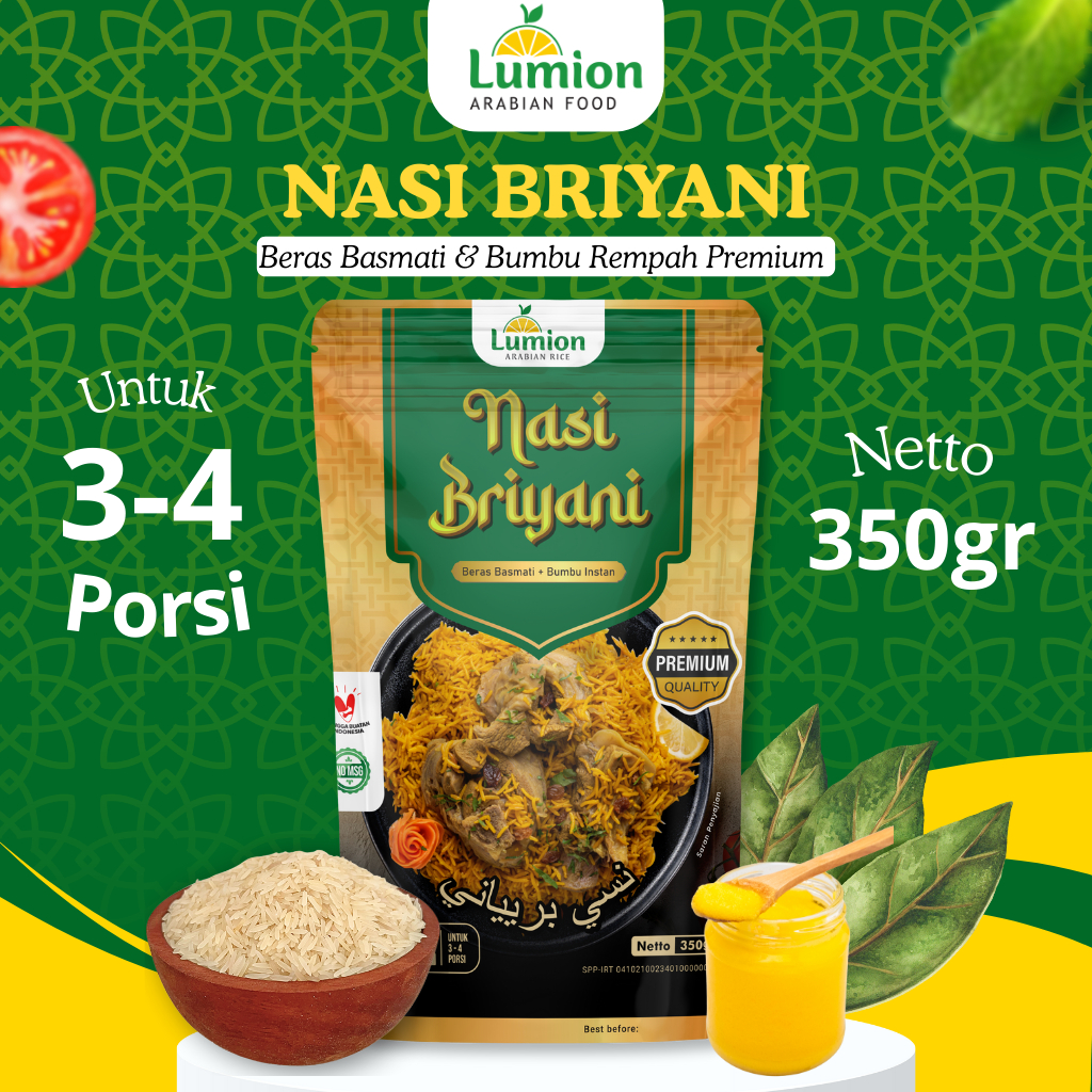 

Lumion Nasi Arab Briyani Instan 350gr Kabsah Bukhori Mandhi Kebuli 350gr Beras Basmati Bumbu Komplit Instant