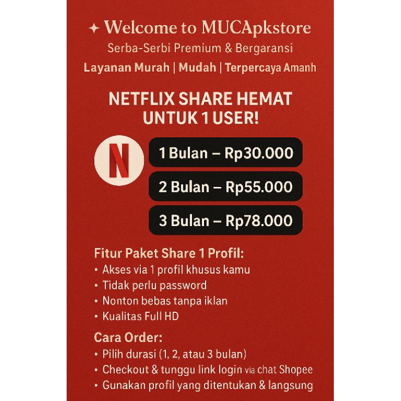 Netflix Share 1 Profil 1 User | Langganan 1-3 Bulan | Harga Hemat Mulai 30rb