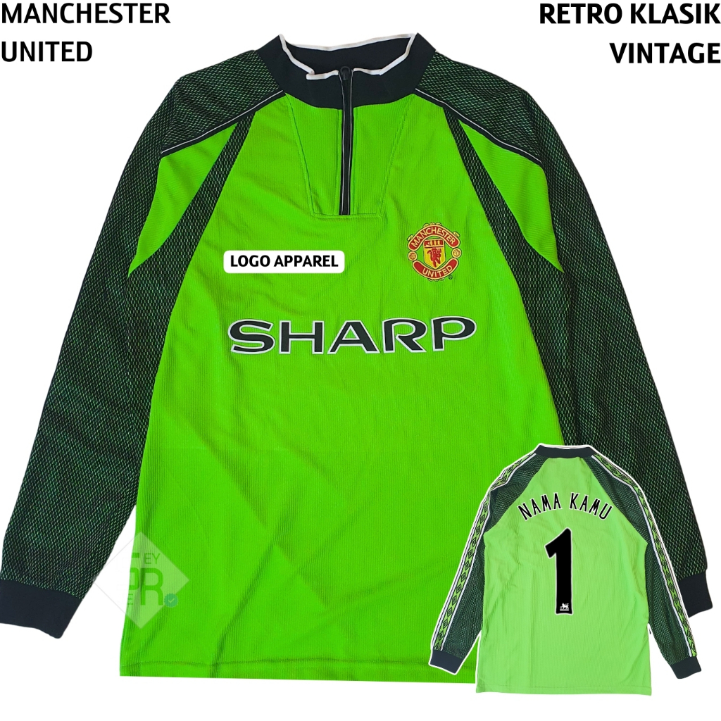 Retro Jersey Mnchstr Untd Kiper 1998 1999  Baju Bola Vintage Klasik Classic LS Lengan Panjang Hijau 