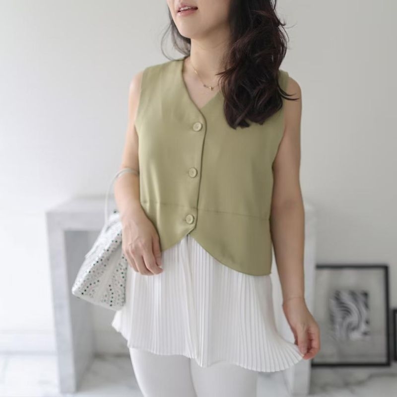 NEW atasan wanita vest hijau plisket