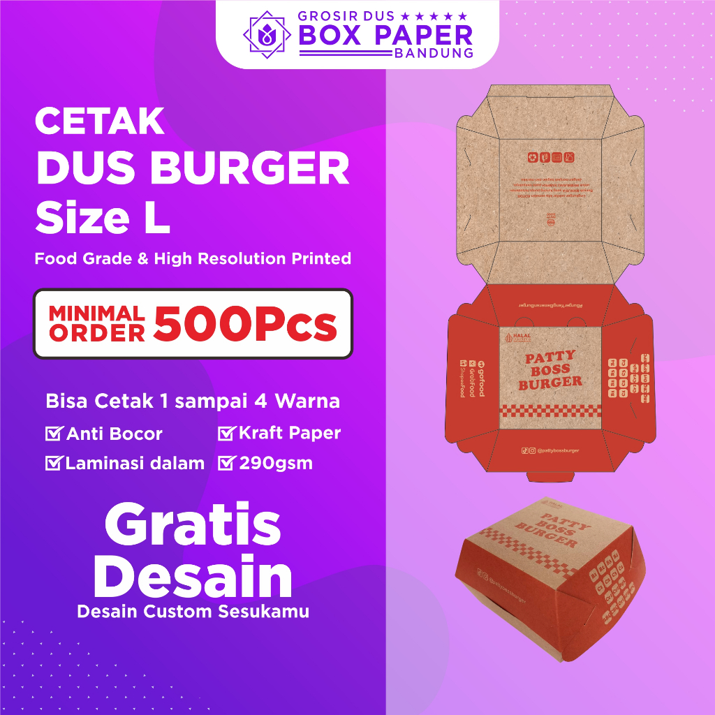 Custom Cetak 1 Warna Dus Burger Box Size L Kraft 290 gsm Kotak Paper Craft Roti Kue Snack Makanan