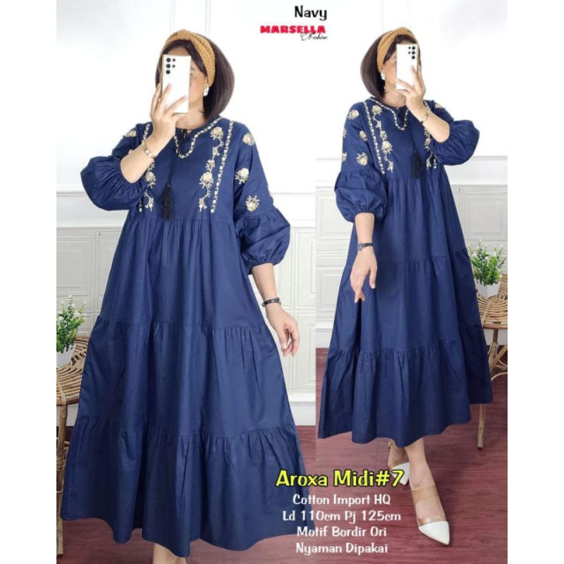 AROXA MIDI DRESS BORDIR BAHAN KATUN LINEN CRINKLE BORDIR ORI BY MARSELLA FASHION