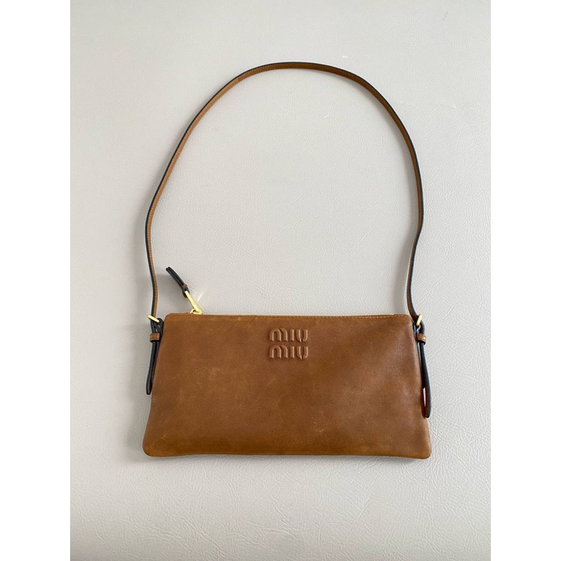 MIU MIU Nappa Leather MINI Pouch With Shoulder Strap In Oak Brown Vintage