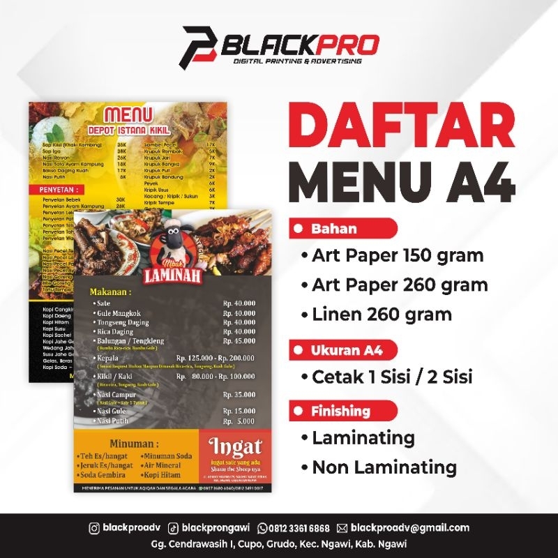 

Cetak Daftar Menu A4 - AP150 / AP 260 / Linen | Laminating/Non Laminating