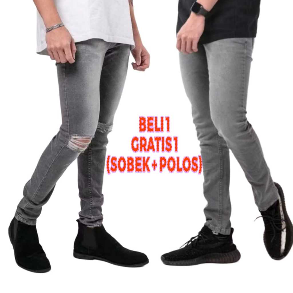 PROMO 2PCS CELANA JEANS PRIA SOBEK DAN POLOS / Celana Pria Sobek Slimfit / Celana Sobek Pria Korean 