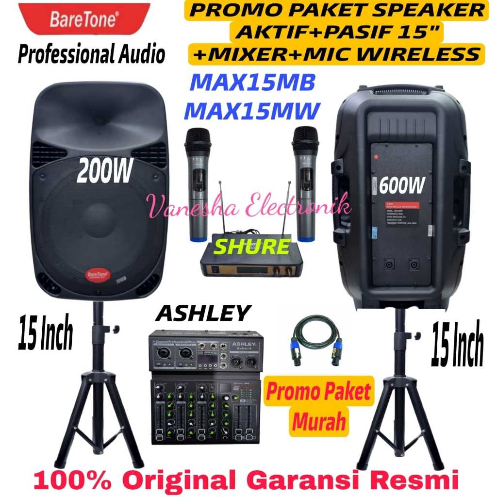 Promo paket sound system speaker aktif pasif 15 Inch Baretone Max15mb/Max15mw+mixer 4chl ashley bett